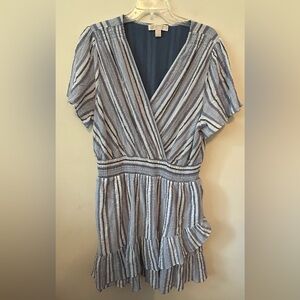 Michael Michael Kors Women's Blue/White Striped Ruffle Lined‎ Wrap Dress Size 2X